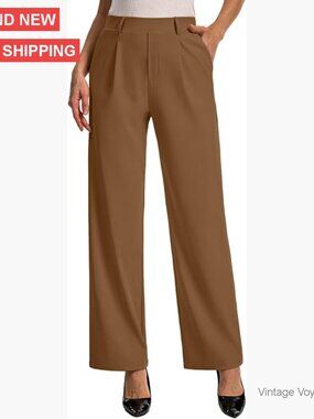 Wide Leg Stretch Work Pants High Waist Pull On Trousers with Pockets